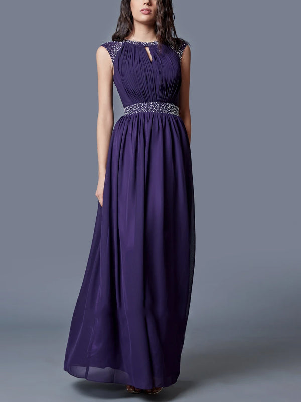 Round Neck Sleeveless Solid Color Sequins Maxi Dress