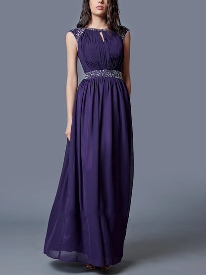 Round Neck Sleeveless Solid Color Sequins Maxi Dress