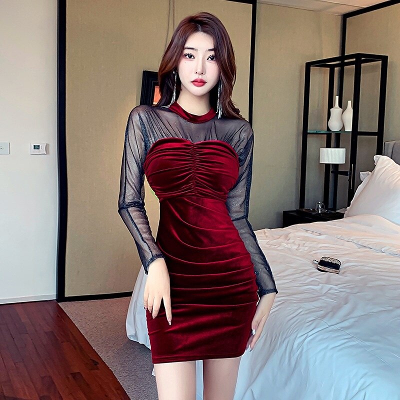 loveedsTM- Black Red Blue Velvet Dress Women Sexy Party Dresses Women Evening Perspective Mesh Mini Dress Ladies Folds Tight Pencil