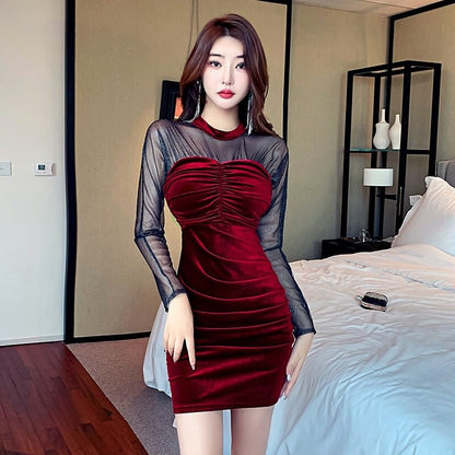 loveedsTM- Black Red Blue Velvet Dress Women Sexy Party Dresses Women Evening Perspective Mesh Mini Dress Ladies Folds Tight Pencil