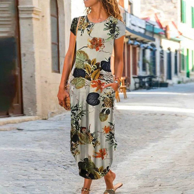 loveedsTM - Elegant Women Maxi Dress 2024 Summer O Neck Short Sleeve Sundress Office Lady Party Dress Female Print A-Line Long Dress Vestido