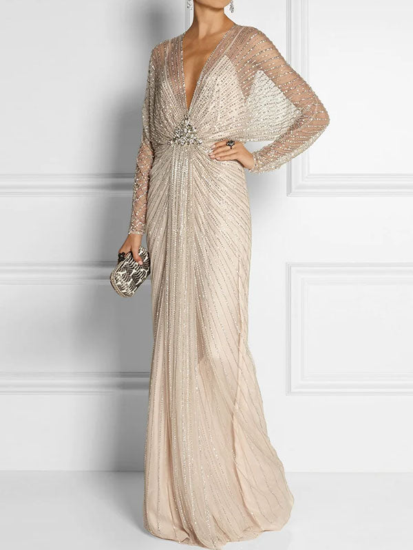 Beaded Deep V Temperament Elegant Women's Dress