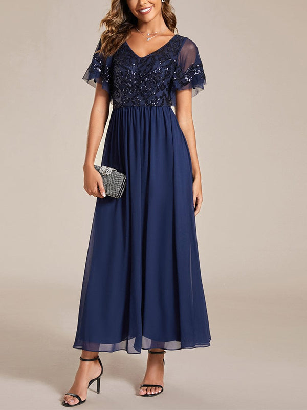 V-neck Lace Sequin Solid Color Maxi Dress