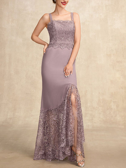 Trumpet/Mermaid Square Neckline Asymmetrical Chiffon Lace Mother of the Bride Dress