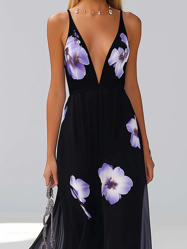 Chiffon Maxi Dress With Trendy Purple Gradient Flowers