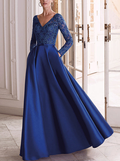 V-neck lace solid color dress