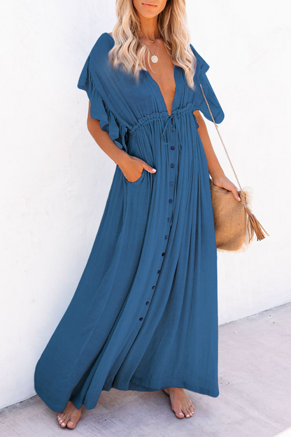 loveedsTM-Elegant Solid Frenulum Buckle V Neck A Line Dresses