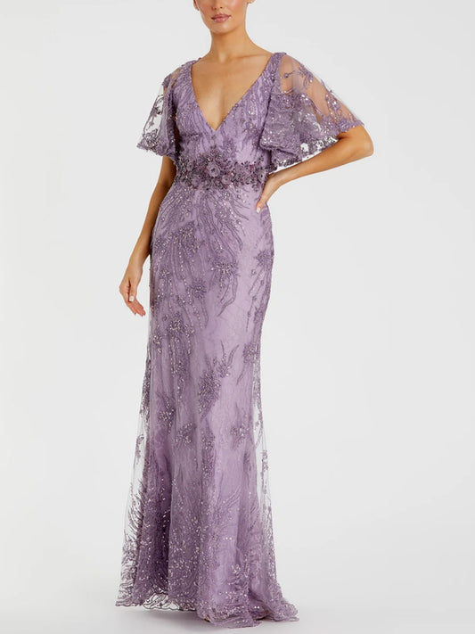 V-neck Solid Color Sequins Maxi Dress