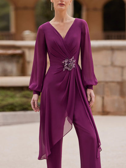 V-neck Temperament Chiffon Irregular Hem Ladies Sets