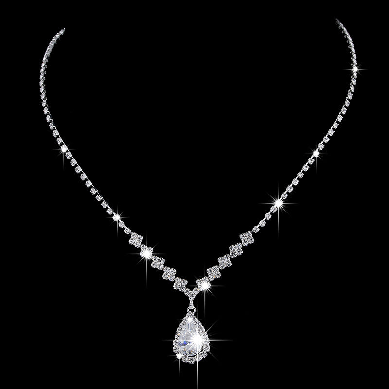 Brilliant Full Diamond Zircon Drop Necklace and Earrings Set