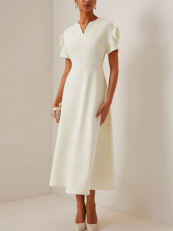 Off-White 3D Floral Short Sleeve V Neck A-Line Maxi Dress