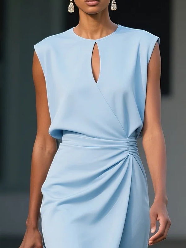 Light Blue Ruched Hollow Out Classic Crew Neck Cap Sleeve Sheath Midi Dress