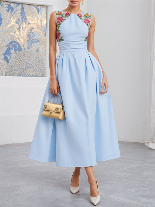 Light Blue Round Neck Sleeveless Print Midi Dress