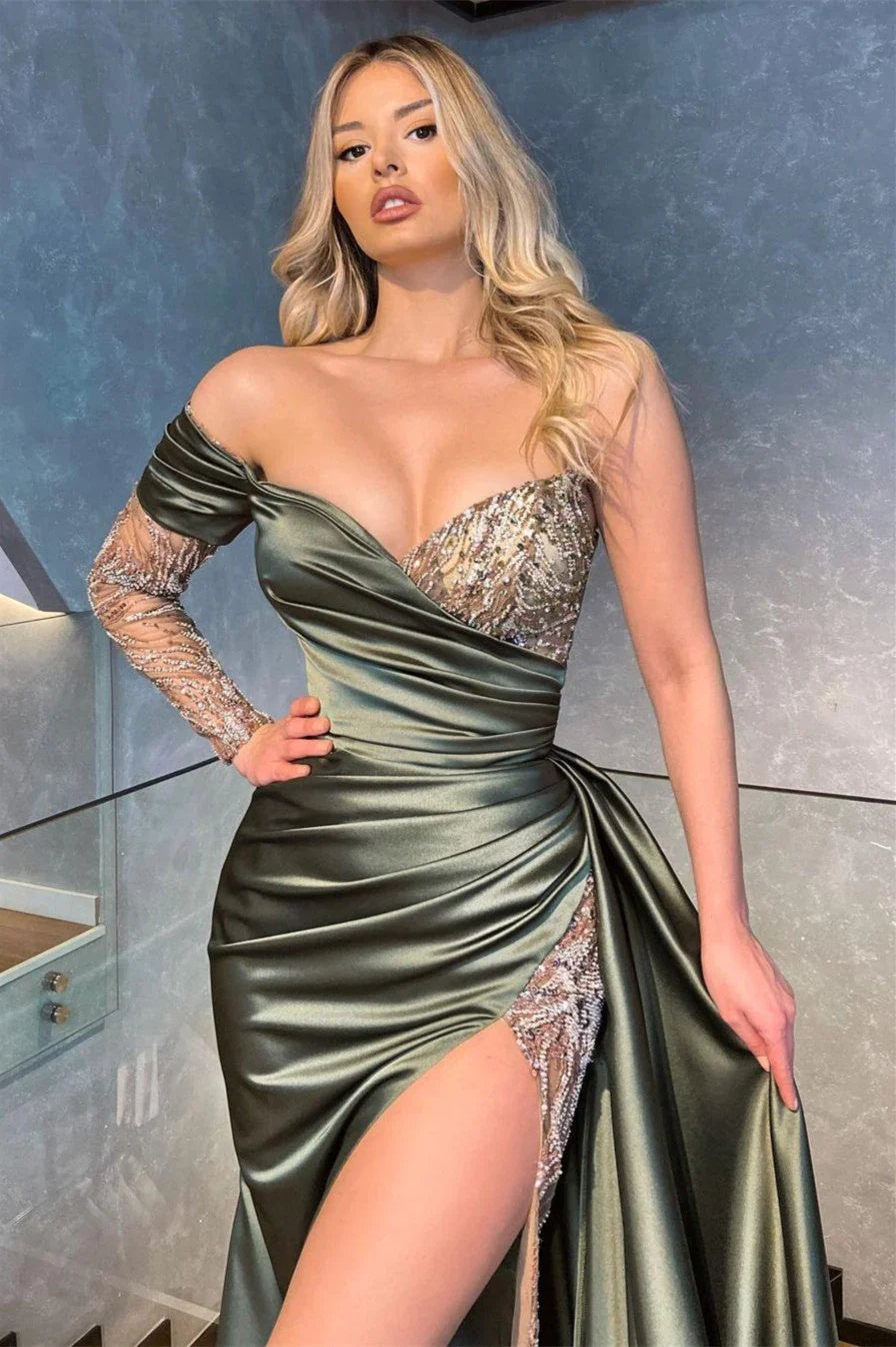 Elegant One Sleeves Beaded Prom Dresses, High Slit Satin Evening Prom Dresses Long