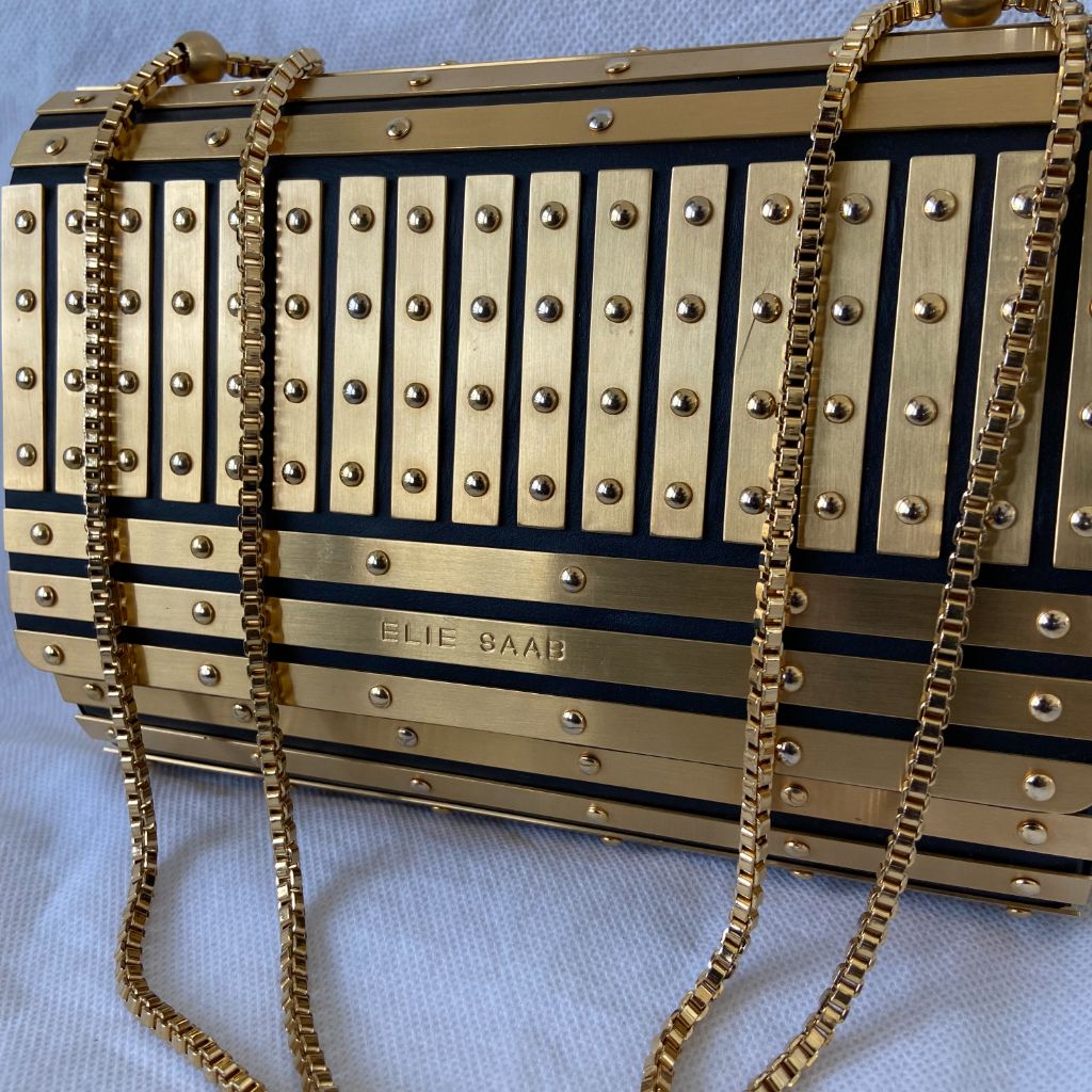 Elie Saab gold metal applique flap clutch with chain