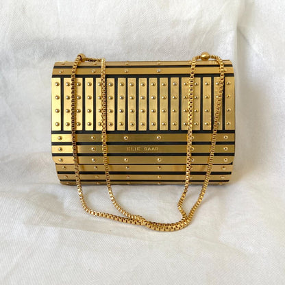 Elie Saab gold metal applique flap clutch with chain