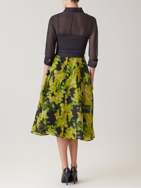 Elegant Floral Balloon Sleeve Printing Crew Neck Midi Dress