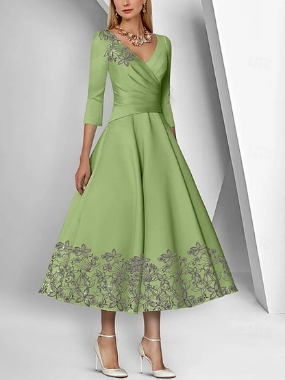 V-neck Satin 3/4 Sleeves Lace Ruffle Sequins Maxi Dress