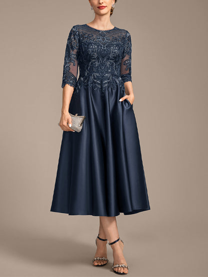 Round Neck Short Sleeve Lace Sequin Solid Color Midi Dress