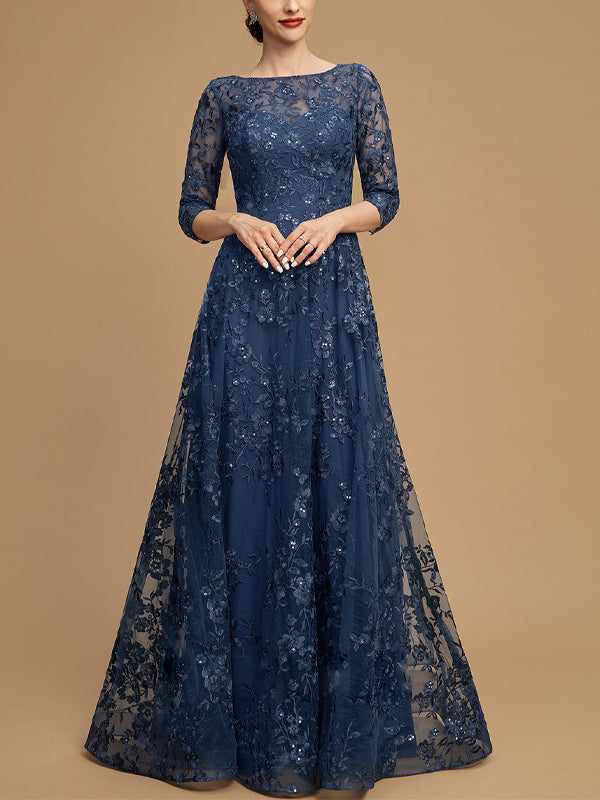 Round Neck Lace Long Sleeve Solid Color Maxi Dress