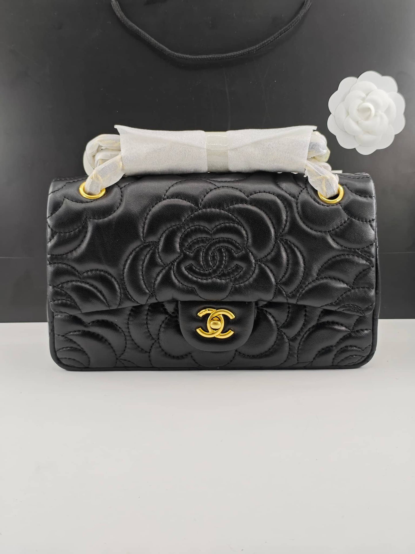 CHANEL CAMELLIA SHOULDER BAGS BLACK 25CM
