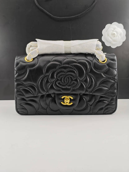 CHANEL CAMELLIA SHOULDER BAGS BLACK 25CM