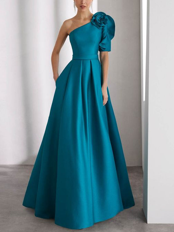 Oblique Shoulder Three-dimensional Floral Solid Color Maxi Dress