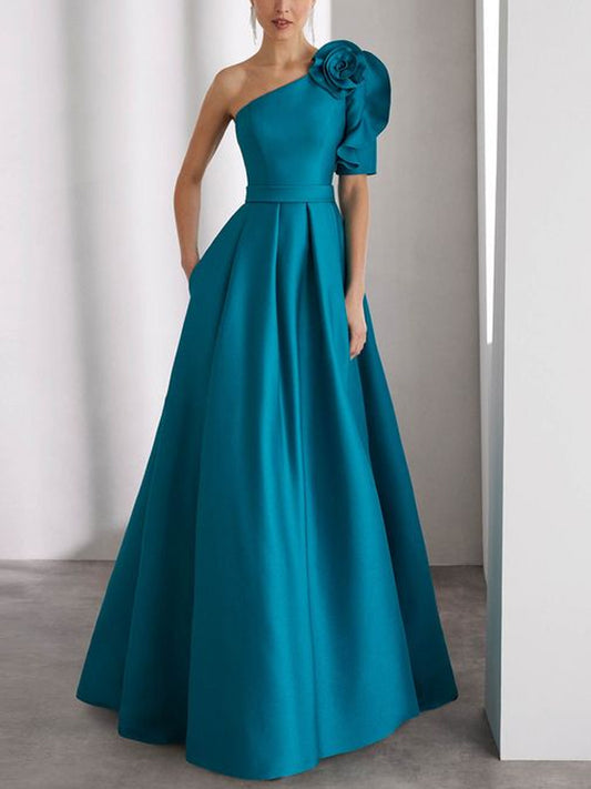 Oblique Shoulder Three-dimensional Floral Solid Color Maxi Dress