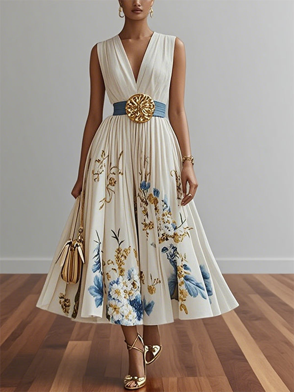 White V-neck Printed Sleeveless Midi Dress