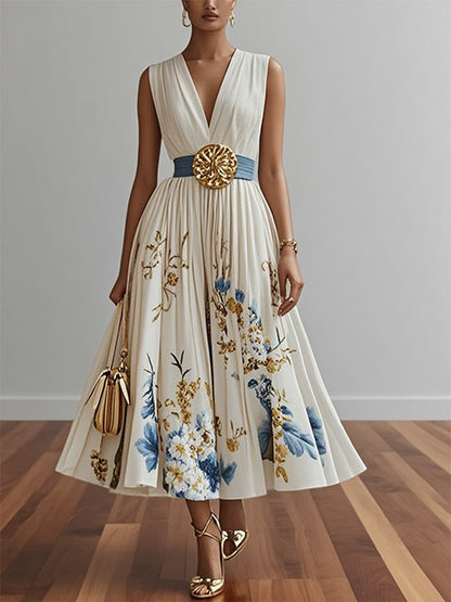 White V-neck Printed Sleeveless Midi Dress