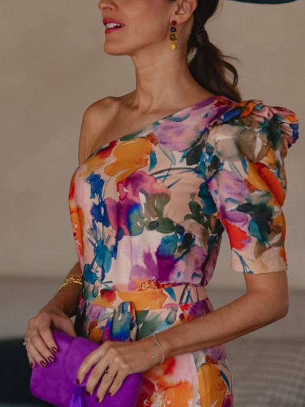 One-shoulder Chiffon Color Matching Women's Dress