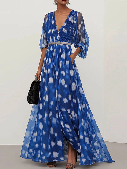 Party Casual Dress Blue V-neck White Floral Rhinestone Belt Pockets Maxi Dress