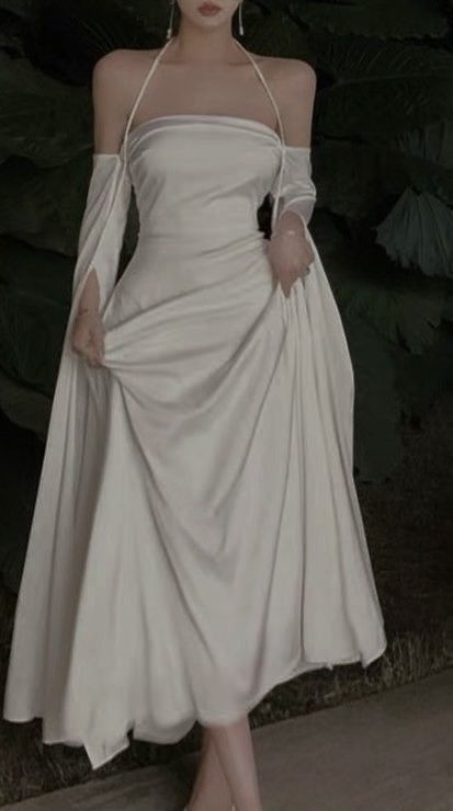 White Simple Clean A Line Halter Long Sleeve Satin Long Prom Dress Evening Dress SH3455