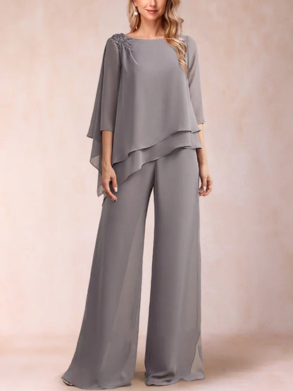 Chiffon Scoop 3/4 Sleeves 2 Pieces Ruched Pantsuits with Rhinestone