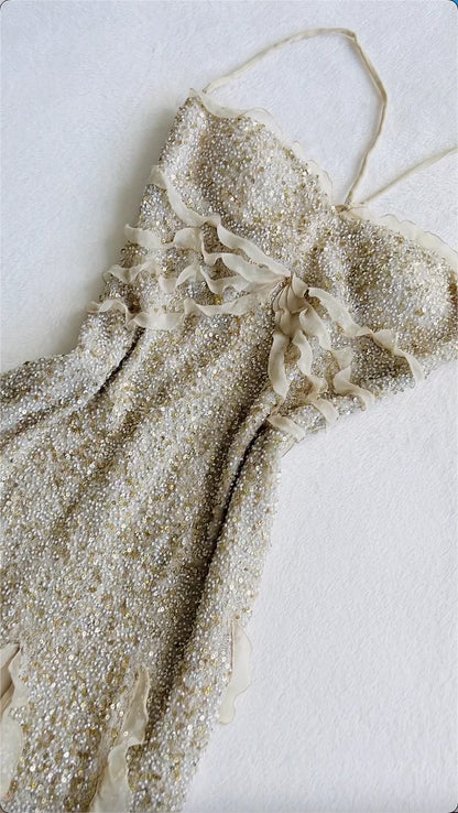 Ivory White Luxury Shiny Gorgeous Fashion Exquisite Beading Long Ankle Length Sequin Chiffon Ruffle Ball Gown Evening Dress Party Dress Prom Dress gh3776
