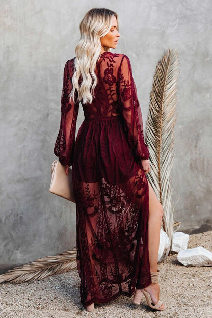 loveedsTM-V Neck Lace Patchwork Split Maxi Dress