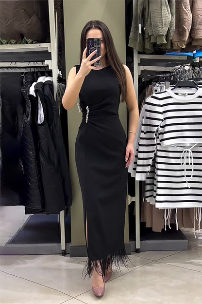 loveedsTM-Round neck solid color sleeveless slim fit hem tassel dress