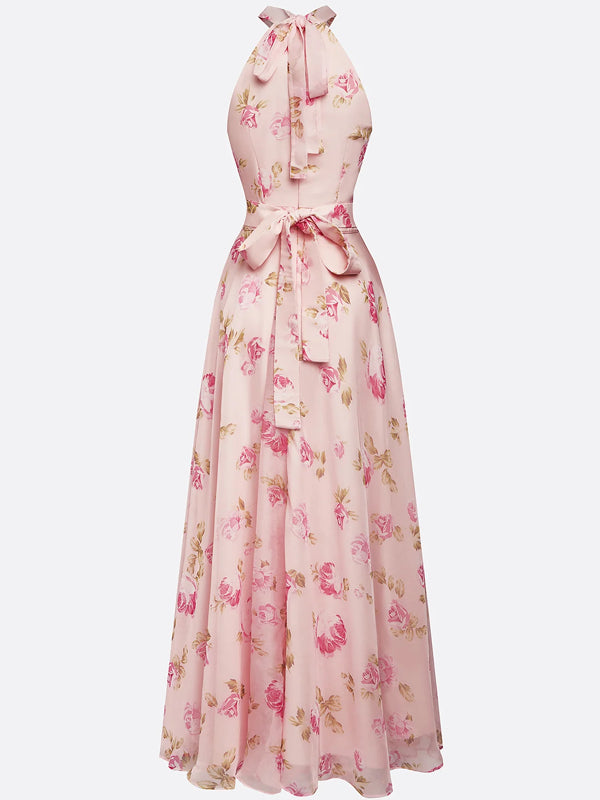 Classic Floral Halter Short Sleeve A-Line Maxi Dress