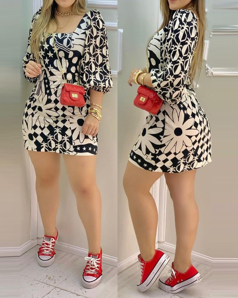 loveedsTM - Floral Print Lantern Sleeve Casual Dress Women Square Neck Mini Dress
