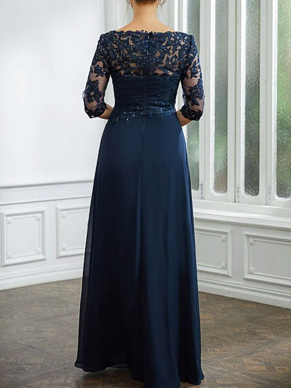 Applique Bateau 3/4 Sleeves Floor-Length Women's Dress