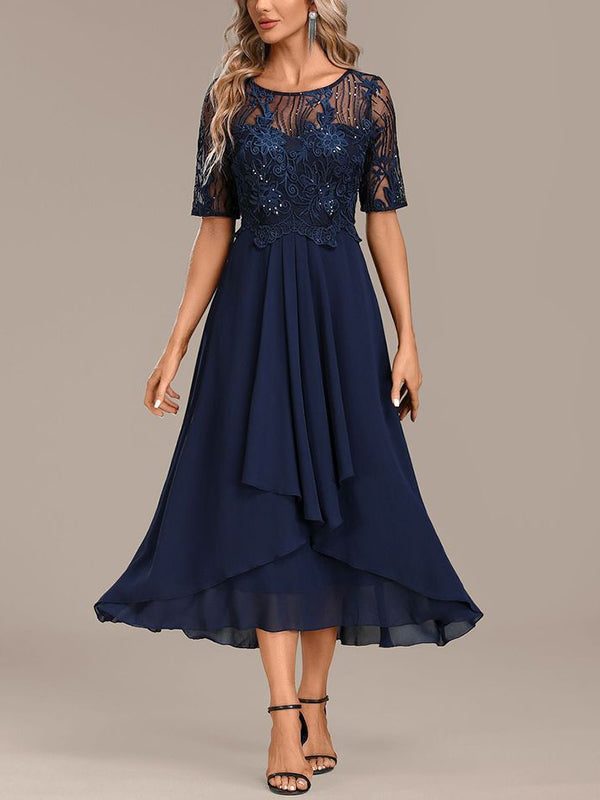 Round Neck Solid Color Lace Midi Dress