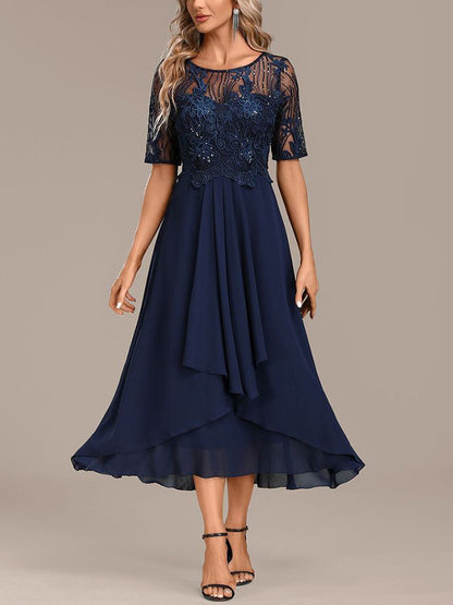 Round Neck Solid Color Lace Midi Dress
