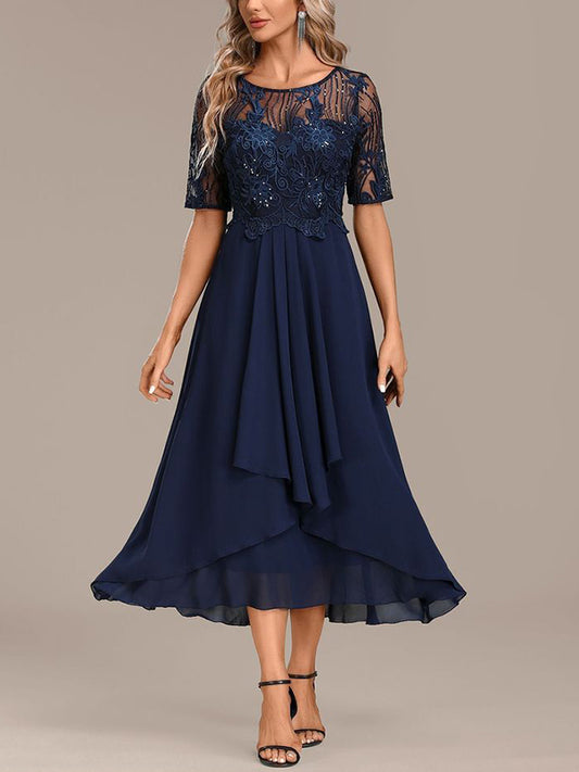 Round Neck Solid Color Lace Midi Dress