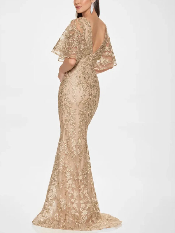 V-neck Lace Solid Color Maxi Dress