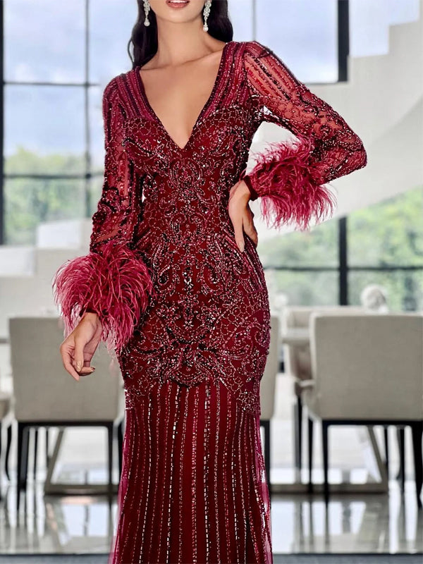 V-Neck Long Sleeves Sequined Feather Solid Color Maxi Dress