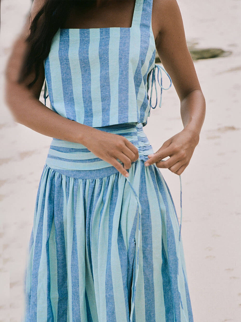 loveedsTM-Lace-up Tank and Ruched Waist Midi Skirt Set