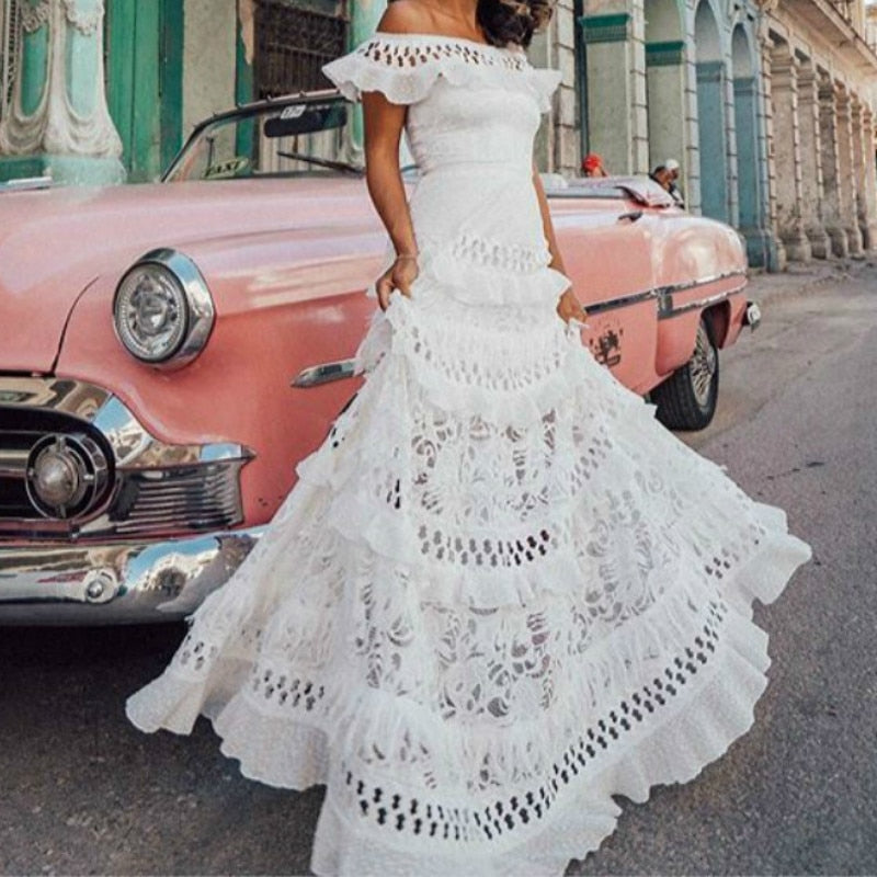 loveedsTM-Vintage Elegant Women's Long Dress White Lace Dress Off Shoulder Lotus Leaf Hollow Summer Retro Party Big Loose Swing Dresses