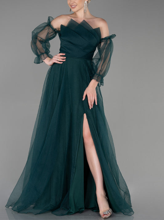 Off-the-shoulder Solid Mesh Maxi Dress