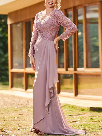 V-neck Lace Solid Color Maxi Dress
