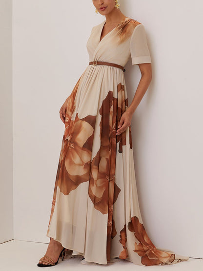 Floral Ruched Chiffon V Neck Short Sleeve A-Line Gown Dress